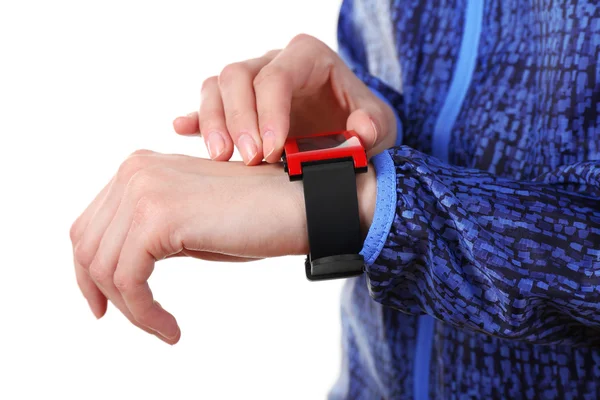 Red sport watch on wrist — Stock Photo, Image