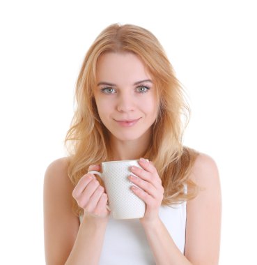Bir fincan çay, beyaz izole zevk güzel kız