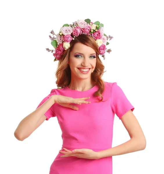 Beautiful young woman wearing floral headband isolated on white background — Stock Photo, Image