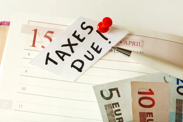 Taxes Due Pinned Planner Euro Bills Close — Stock Photo, Image