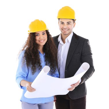 Birkaç beyaz izole blueprint, mühendislere