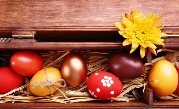 Easter eggs in box filled with hay — Stock Photo, Image