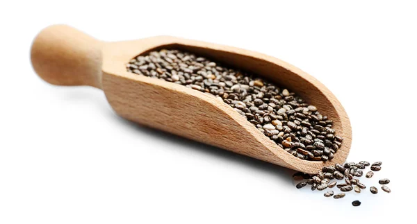 Chia semen v lopatka na bílém pozadí — Stock fotografie
