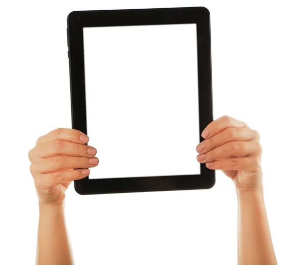 Black tablet in hands — Stock Photo, Image