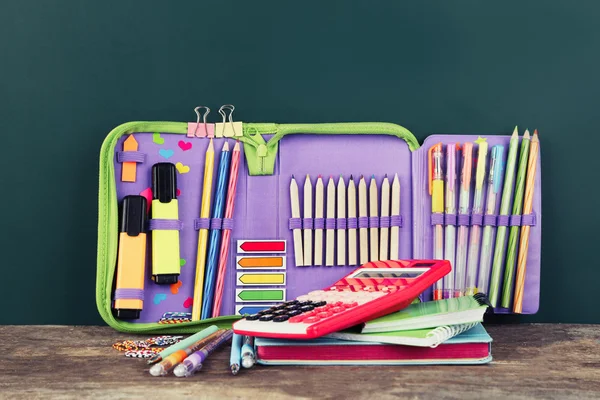 Pencil case with various stationery — Stock Photo, Image