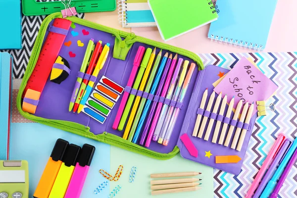 Pencil case with various stationery — Stock Photo, Image