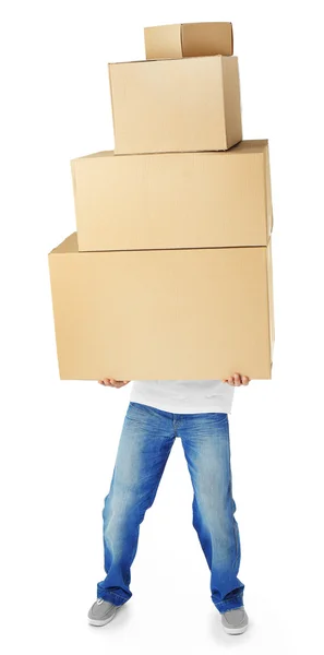 Man holding pile of carton boxes — Stock Photo, Image