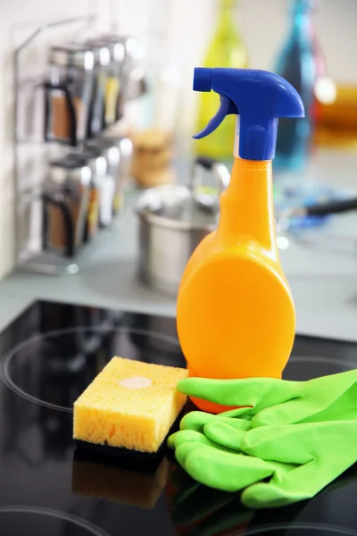 Detergent with protective gloves and sponge — Stock Photo, Image