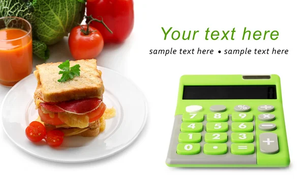 Calculator and big sandwich with cheese — Stock Photo, Image