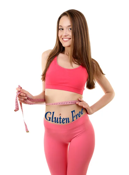 Joven Mujer Delgada Midiendo Cintura Texto Sin Gluten Cuerpo Aislado —  Fotos de Stock