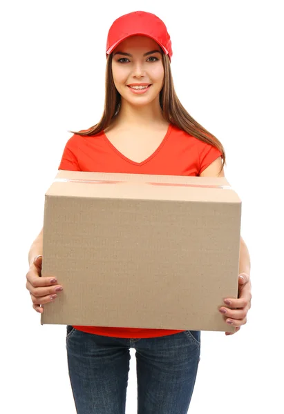 Mulher da entrega com um pacote da caixa — Fotografia de Stock