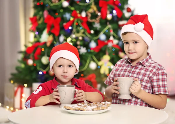 Twee schattige kleine broers op Kerstmis — Stockfoto