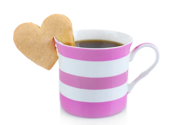 Heart shape cookie on cup of coffee isolated on white — Stock Photo, Image