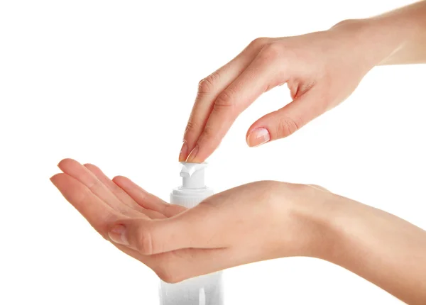 Female hands using liquid soap — Stock Photo, Image