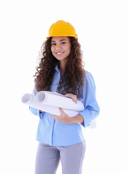 Beautiful girl with blueprints — Stock Photo, Image