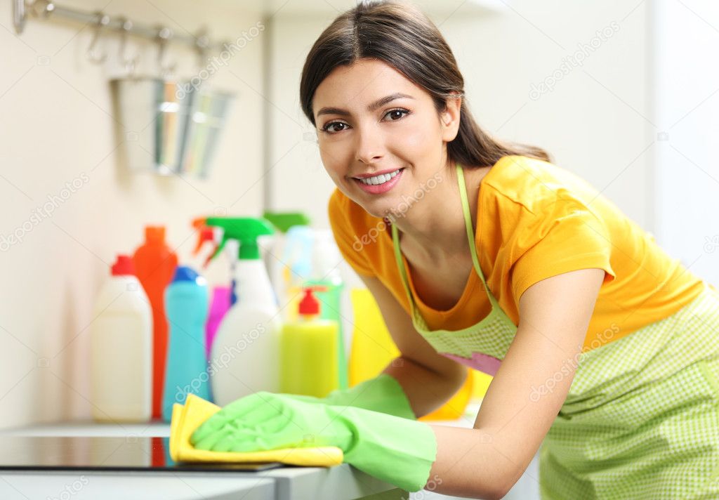 Beautiful woman in protective gloves 