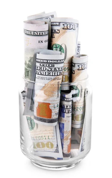 Dolarów w słoiku, na białym tle — Zdjęcie stockowe