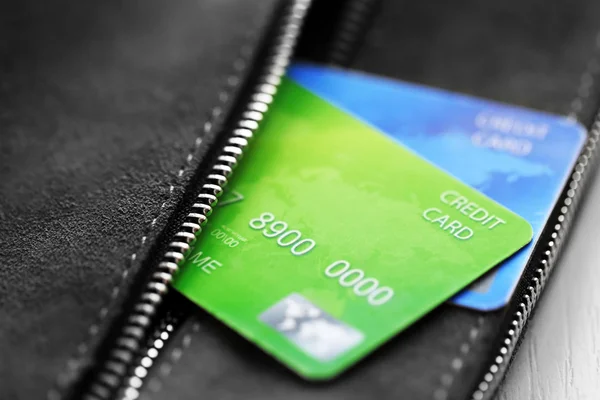 Credit cards in grey bag pocket — Stock Photo, Image