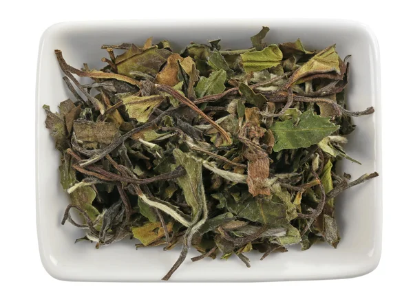 Hojas de té blanco en tazón, aisladas sobre blanco — Foto de Stock