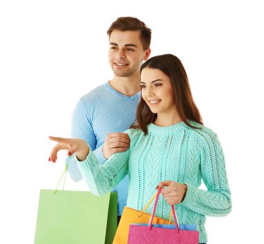 Renkli alışveriş torbaları ile Çift