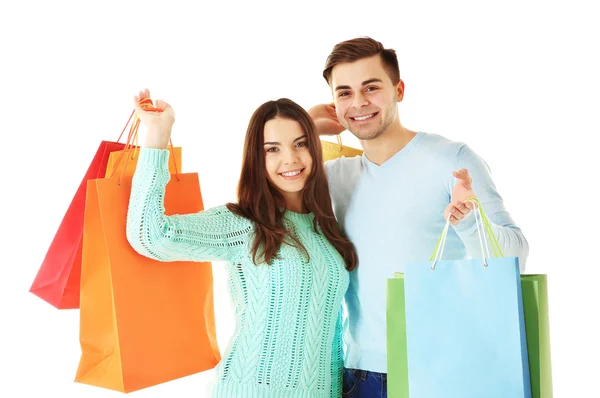 Couple avec sacs à provisions colorés — Photo