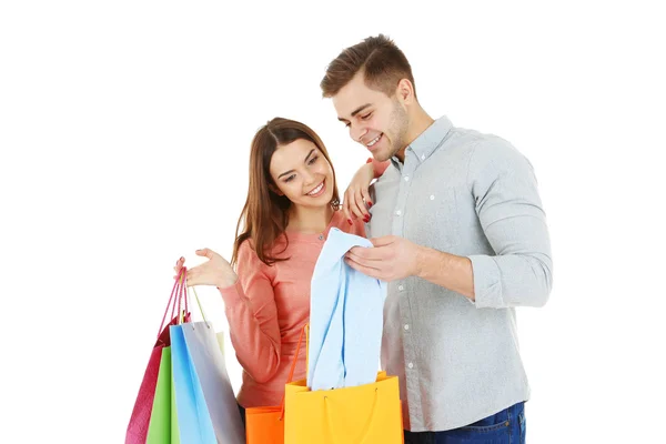 Casal com sacos de compras coloridos — Fotografia de Stock