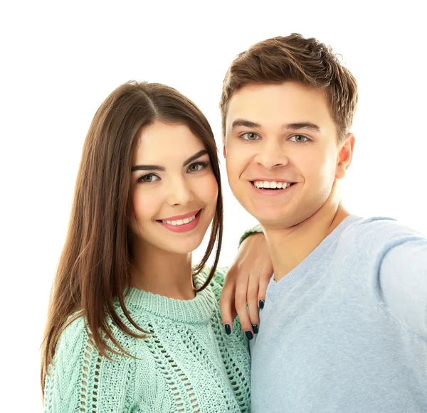 Adolescente Pareja Haciendo Foto Por Cuenta Aislado Blanco —  Fotos de Stock