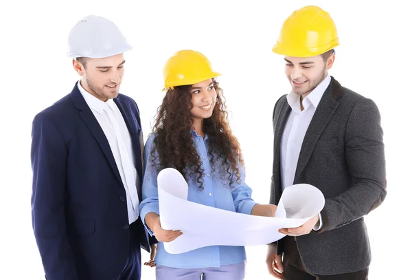 Pocos Ingenieros Con Plano Aislados Blanco —  Fotos de Stock