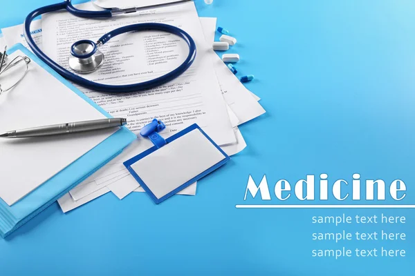 Medical supplies on blue — Stock Photo, Image