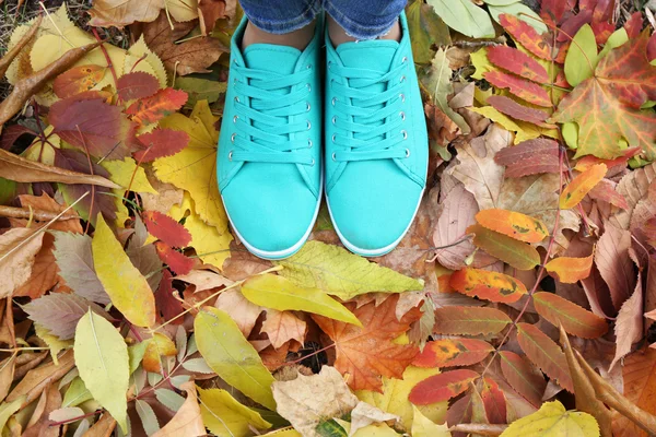 Женщина в кроссовках, стоящая на листве — стоковое фото