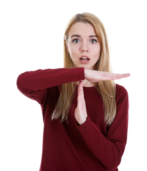 Junges Schönes Mädchen Zeigt Timeout Isoliert Auf Weiß — Stockfoto