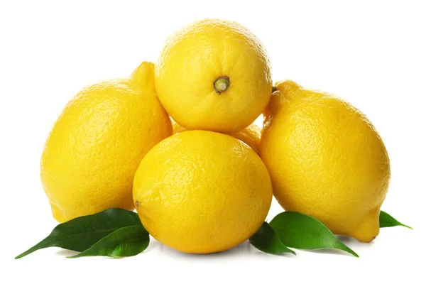 Fresh lemons with green leaves isolated on white — Stock Photo, Image