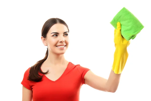 Woman holding microfiber cloth — Stock Photo, Image