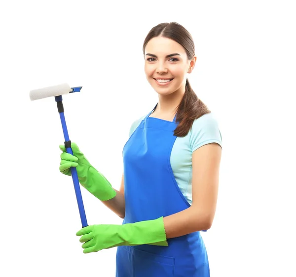 Young woman holding window brush — Stock Photo, Image