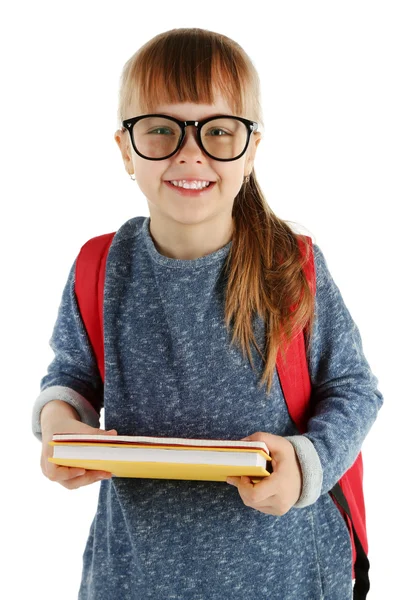 Schulmädchen mit Rucksack auf weiß — Stockfoto