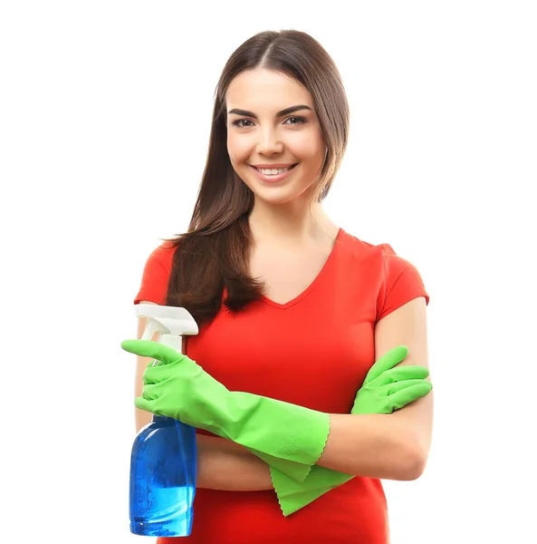 Young woman holding detergent spray — Stock Photo, Image