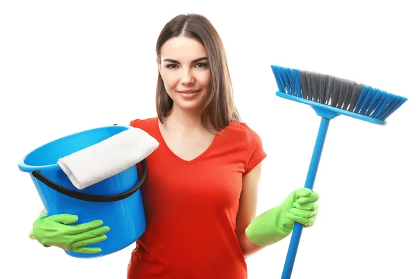 Young woman holding floor brush — Stock Photo, Image
