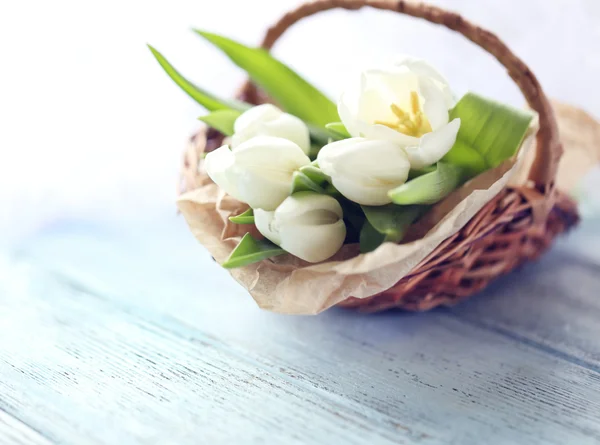 Tulips in a wicker basket — Stock Photo, Image
