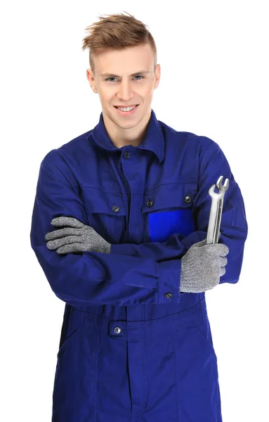 Young Repairman Crossed Arms Holding Wrenches White Background — Stock Photo, Image