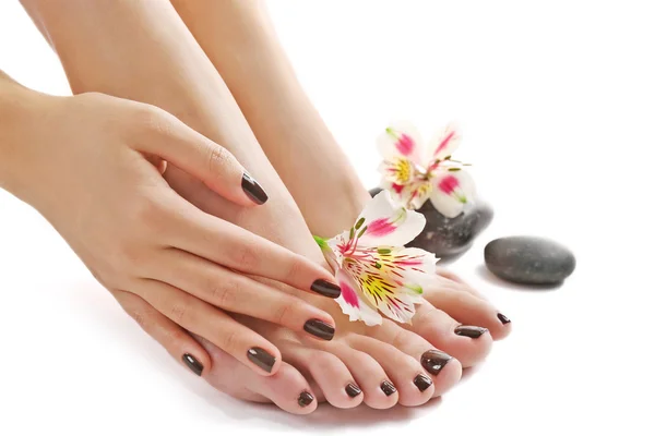 Female feet and hand with spa stones — Stock Photo, Image