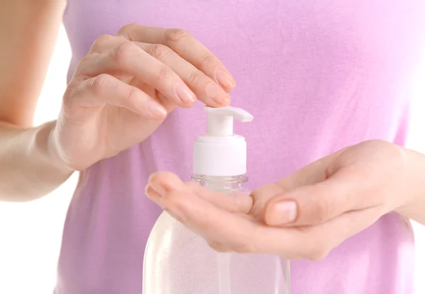 Woman using liquid soap — Stock Photo, Image