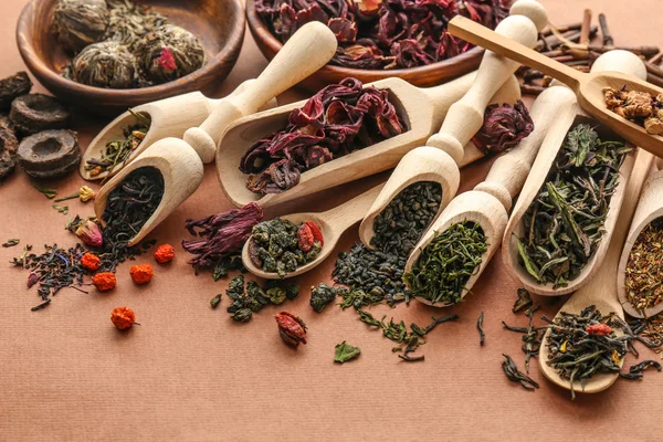 Different types of tea presented in the wooden scoops and spoons, close up — Stock Photo, Image