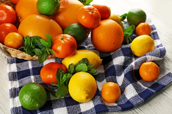 テーブル クロスの上さまざまな柑橘系フルーツのセット — ストック写真