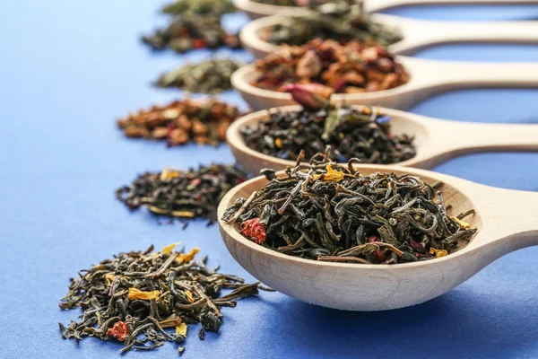 Les différents types de thé présentés comme un échantillon dans les cuillères blanches, gros plan — Photo