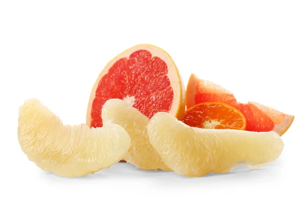 Colorful citrus slices and halves isolated on a white background, close up — Stock Photo, Image