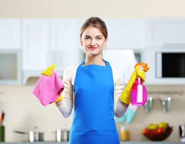 Young woman with washing fluid — Stock Photo, Image