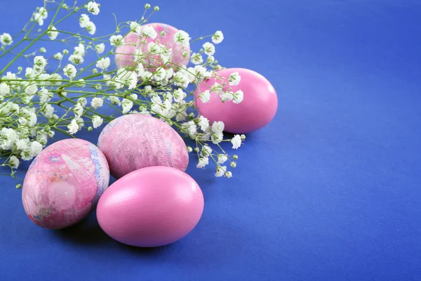 Huevos de Pascua púrpura y gypsophila sobre fondo azul — Foto de Stock