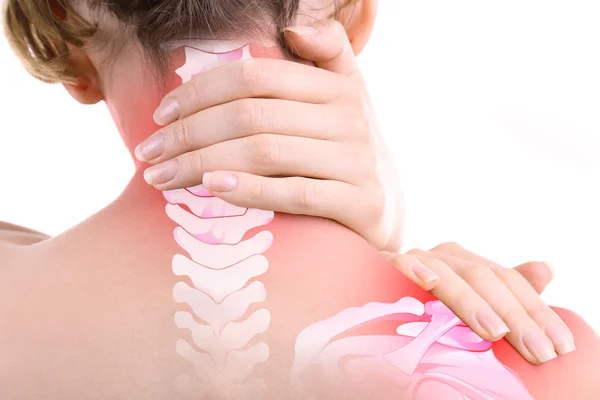 Young woman with neck pain close up — Stock Photo, Image