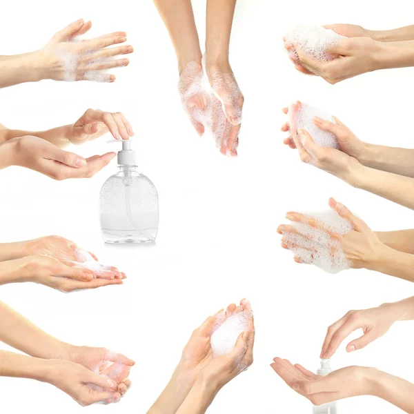 Collage med unga vackra isolerad handtvätt, på vit — Stockfoto
