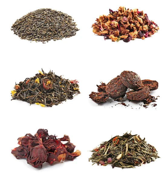 Assortment of dry tea, isolated on white — Stock Photo, Image